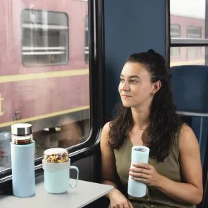 Xavax Cereal Mug To Go, with Topper, 2 Compartments, 500 + 200 ml, pastel blue/grey