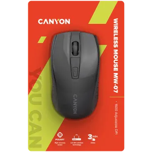 CANYON MW-7, 2.4Ghz wireless mouse, 6 buttons, DPI 800/1200/1600, with 1 AA battery, size 110*60*37mm, 58g, black