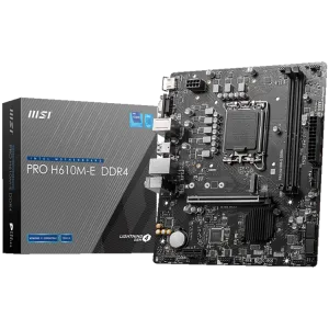 MSI PRO H610M-E DDR4, Micro-ATX, Socket 1700, Dual Channel DDR4 3200(OC)MHz, 1x PCIe x16 slots, 1x M.2 slots, 1x HDMI, 1 x VGA, 2x USB 3.2 Gen 1, 4x USB 2.0 , 3Y