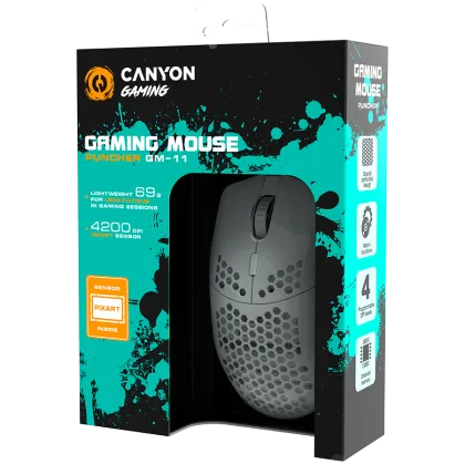 CANYON Puncher GM-11, Mouse pentru gaming cu 7 butoane programabile, senzor optic Pixart 3519, 4 nivele de DPI și până la 4200, durata de viață a cheii de 5 milioane de ori, cablu Ultraweave de 1,65 m, picioare UPE și lumini RGB colorate, Alb, dimensiune: