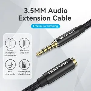 Vention Cotton Braided TRRS 3.5mm Male to 3.5mm F - 1.5m - Gold plated, Aluminum alloy - BHCBG
