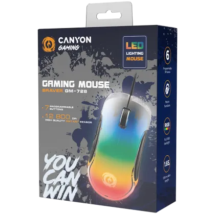CANYON Braver GM-728, Optical Crystal gaming mouse, Instant 825, ABS material, huanuo 10 million cycle switch, 1.65M TPE cable with magnet ring, weight: 114g, Size: 122.6*66.2*38.2mm, Black