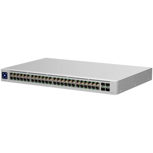 Ubiquiti USW-48 48-port, Layer 2 switch, 48 x GbE ports, 4 x 1G SFP ports, Fanless, silent cooling, ESD/EMP protection, 1.3" touchscreen LCM display, Rackmount (Kit included)