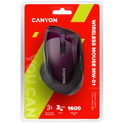 Mouse fără fir CANYON 2.4Ghz, urmărire optică - LED albastru, 6 butoane, DPI 1000/1200/1600, violet perlat lucios