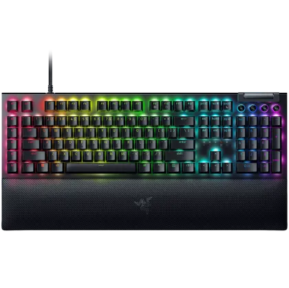 Tastatură mecanică pentru jocuri Razer BlackWidow V4, aspect SUA, comutator verde, Razer Chroma™ RGB, 6 taste macro, stabilizatoare lubrifiate, taste media, suport magnetic pentru încheietura mâinii, frecvență de interogare de până la 8000 Hz, cablu tip C