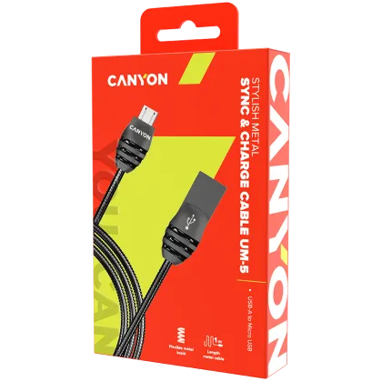 CANYON UM-5, Micro USB 2.0 standard cable, Power & Data output, 5V 2A, OD 3.5mm, metallic Jacket, 1m, gun color, 0.04kg