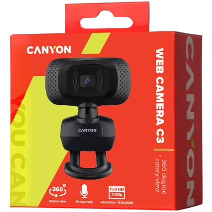 CANYON C3, 720P HD webcam with USB2.0. connector, 360° rotary view scope, 1.0Mega pixels, Resolution 1280*720, viewing angle 60°, cable length 2.0m, Black, 62.2x46.5x57.8mm, 0.074kg
