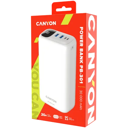 CANYON PB - 301, Power bank 30000mAh Li-poly battery, Input Micro: DC5V/2A, 9V/2A Input Type c PD ： DC5V/3A, 9V/2A， Output Type C PD:5V/3A,9V/2.2A, 12V/1.5AOutput USB A1+USBA 2 : 5V3A,5V/4.5A,4.5V/5A,9V2A,12V1.5A,22.5W quick charging cable 0.3m,