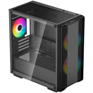 DeepCool CC360 ARGB, Turn Mid, Mini-ITX/Micro-ATX, 1xUSB3.0, 1xUSB2.0, 1xAudio, 3x120mm ventilatoare ARGB preinstalate, sticlă securizată, panou plasă, negru