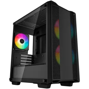 DeepCool CC360 ARGB, Turn Mid, Mini-ITX/Micro-ATX, 1xUSB3.0, 1xUSB2.0, 1xAudio, 3x120mm ventilatoare ARGB preinstalate, sticlă securizată, panou plasă, negru