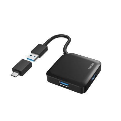 Hub USB HAMA, USB-A cu 4 porturi, USB 3.2 Gen 1, 5 Gbit/s, adaptor USB-C, negru