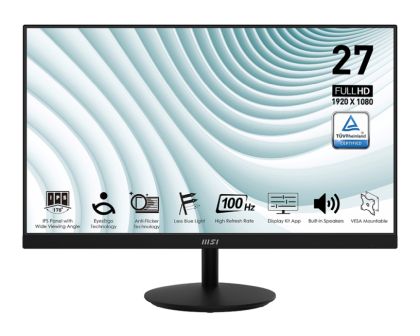 Монитор MSI PRO MP271A, 27", 1ms, 100Hz, IPS, 1920x1080 (FHD), 16:9, FLAT, Display Kit App, Adaptive-Sync, EyesErgo, Less Blue Light, 108% SRGB, AG, 300 nits, 1000:1, DP(1.2a), HDMI 1.4b, VGA, Line-in, Speakers 2x2W, Tilt, VESA, Black, 3.9kg
