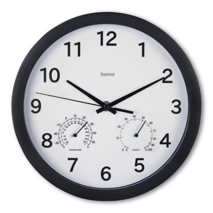 Hama "Malta" Wall Clock, &Oslash; 25 cm, w. Thermometer / Hygrometer, No Ticking, black