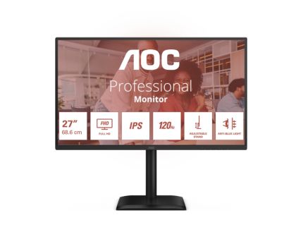 Monitor AOC 27E4U, 27" IPS WLED, 1920x1080@120Hz, 4ms GtG, 300cd m/2, 1500:1, 20M:1 DCR, Adaptive Sync, FlickerFree, Anti Blue Light, 2Wx2, Tilt, Height Adjust, Pivot, Swivel, D-SUB, HDMI, USB Hub