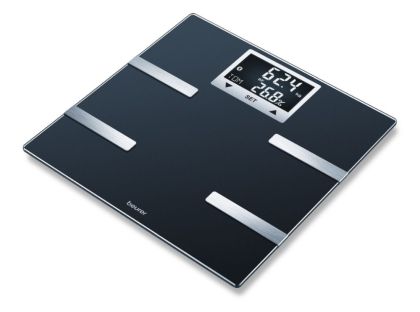 Scale Beurer BF 720 BT diagnostic bathroom scale in black, Weight, body fat, body water, muscle percentage, bone mass, AMR/BMR calorie display; BMI calculation; Black LCD display; white illumination with display of user's initials; Bluetooth; 180 kg / 100