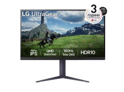 Monitor LG 32GS85Q-B, 31.5" UltraGear Nano IPS 1ms, AG, 180Hz, 1000:1, 350cd/m2, QHD (2560x1440), AMD FreeSync, NVIDIA G-SYNC, HDR 10, DCI-P3 98%, USB, HDMI, DisplayPort, Reader mode, Dynamic Action Sync, Headphone out, Height Adjustable, Tilt, Swivel, Bl