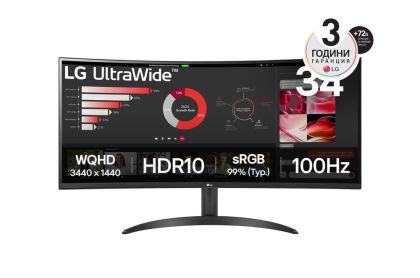 Monitor LG 34WR50QK-B, 34" UltraWide Curved, AG, VA, 5ms, 1ms MBR, 3000:1, 300 cd/m2, 21:9, WQHD 3440x1440, HDR 10, sRGB 99%, FreeSync, 100 Hz, HDMI, DisplayPort, Tilt, Reader Mode, PBP, Headphone Out, Black