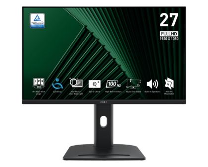Monitor MSI PRO MP275PG, 27", 1ms, 100Hz, IPS, 1920x1080 (FHD), 16:9, FLAT, Adaptive-Sync, MSI Power Link, EyesErgo, 78% SRGB, AG, 300 nits, 1000:1, DP (1.2a), HDMI 1.4b, VGA, Line-in, Speakers 2x2W, Pivot, Heigh Adj. 130 mm, VESA, Black, 6.03 kg