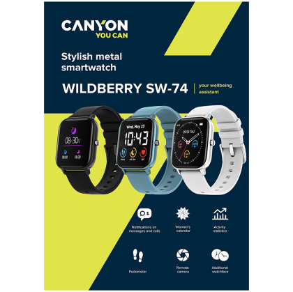 CANYON Wildberry SW-74, Smart watch, 1.3inches TFT full touch screen, Zinc+plastic body, IP67 waterproof, multi-sport mode, compatibility with iOS and android, black body with black silicon belt, Host: 43*37*9mm, Strap: 230x20mm, 45g