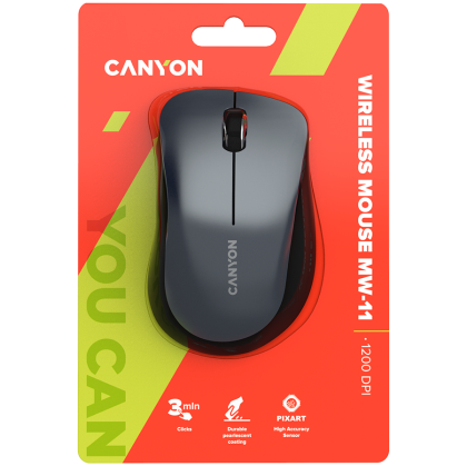 CANYON MW-11, 2.4 GHz Wireless mouse, with 3 buttons, DPI 1200, Battery: AAA*2pcs, Black, 67*109*38mm, 0.063kg