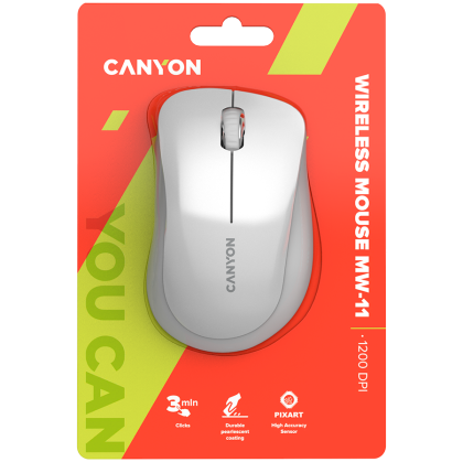 CANYON MW-11, 2.4 GHz Wireless mouse ,with 3 buttons, DPI 1200, Battery:AAA*2pcs ,pearl white gray67*109*38mm 0.063kg