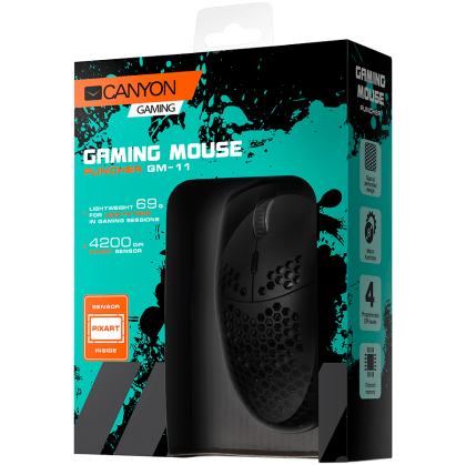 CANYON Puncher GM-11, Gaming Mouse with 7 programmable buttons, Pixart 3519 optical sensor, 4 levels of DPI and up to 4200, 5 million times key life, 1.65m Ultraweave cable, UPE feet and colorful RGB lights, Black, size:128.5x67x37.5mm, 105g