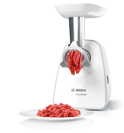 Meat mincer Bosch MFW2517W Meat mincer SmartPower; 350W - 1500W; Discs: 3.8/ 8 mm, Sausage attachment; Shredding nozzle, 3 tanks; Fruit pressing attachment; Out: 1.7kg/min; White