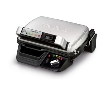 Gratar Tefal GC451B12 Super Grill cu timer, suprafata de gatit 600cm2, 2000W, 2 pozitii de gatit (gril, BBQ), 3 setari + max, indicator luminos, timer digital, termostat reglat, depozitare verticala, alaun turnat sub presiune antiaderent. farfurii, farfur