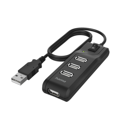 Hub USB HAMA, Cu buton pornit/oprit, USB 2.0, 1:4, 480 Mbit/s, negru