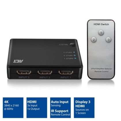 Comutator HDMI cu 3 porturi ACT AC7845, 4K@60Hz, USB, telecomandă, negru
