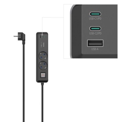 Priză Hama, 2 prize, USB-C/A 65 W, PD, întrerupător pornit/oprit, 1,4 m, negru/gri