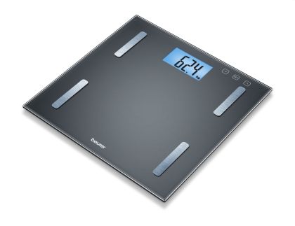 Cantar de baie diagnostic Beurer BF 180; Display LCD iluminat albastru; Dimensiunea cifrelor: 34 mm; Greutatea, grăsimea corporală, apa din corp, procentul de mușchi, masa osoasă și afișarea caloriilor BMR, Cu calcul IMC; 180 kg