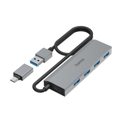 Hub HAMA cu 4 porturi, USB 3.2 Gen 1, 5 Gbit/s, incl. Adaptor USB-C, automat. alimentare electrică