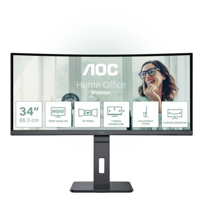 Monitor AOC CU34P3CV, 34" VA WLED, Curved 1500R, 3440x1440@100Hz, 4ms GtG, 1ms MPRT, 300cd m/2, DCR 3000:1, 50M:1, AdaptiveSync, FlickerFree, Low Blue Light, 5Wx2, Tilt, Height Adjust , Swivel, HDMI, DP, USB hub