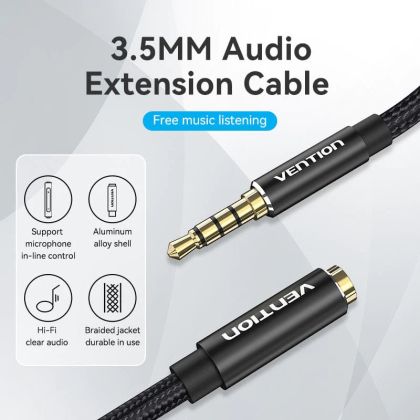 Cablu audio Vention TRRS împletit din bumbac 3,5 mm tată la 3,5 mm F - 0,5 m - placat cu aur, aliaj de aluminiu - BHCBD