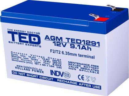 Baterie plumb-acid TED ELECTRIC, AGM, 12V, 9Ah, 151/ 65/ 94 mm, Terminal2