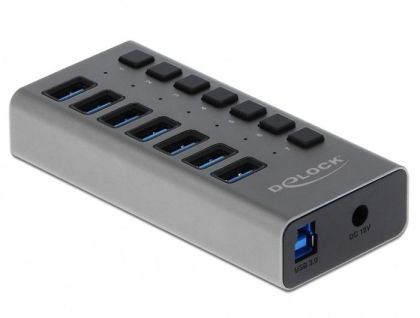 Delock hub USB 7 x USB-A, 1 x USB-B, 5 Gbps, comutator, indicator LED, gri