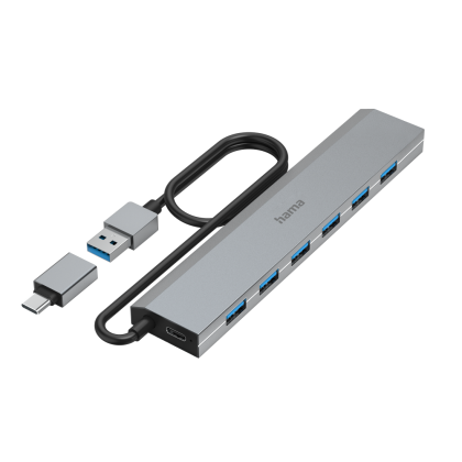 HAMA USB Hub, 7 Ports, USB 3.2 Gen 1, 5 Gbit/s, incl. USB-C Adapter and PSU