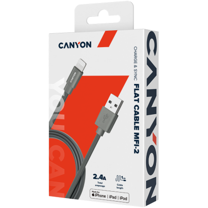 Cablu plat CANYON Charge & Sync MFI, USB la Lightning, certificat de Apple, 1 m, 0,28 mm, gri închis