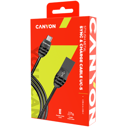CANYON UC-5, cablu standard USB 2.0 tip C, ieșire de alimentare și date, 5V 2A, OD 3,5 mm, jachetă metalică, 1 m, culoare pistol, 0,04 kg