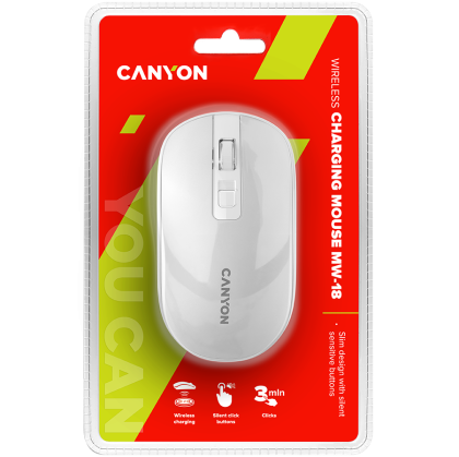 CANYON MW-18, 2.4GHz Wireless Rechargeable Mouse with Pixart sensor, 4keys, Silent switch for right/left keys, Add NTC DPI: 800/1200/1600, Max. usage 50 hours for one time fully charged, 300mAh Li-poly battery, Pearl-White, cable length 0.6m, 116.4*63.3*3