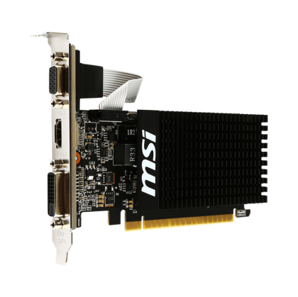 MSI NVIDIA GeForce GT 710, 2048 MB DDR3, 64 biți, 12,8 GB/s, 1600 Mbps viteză efectivă a memoriei, ceas 954 MHz, PCI Express 2.0, HDMI 1.4, DVI-D dual-link, D-Sub, PSU Recom 300W