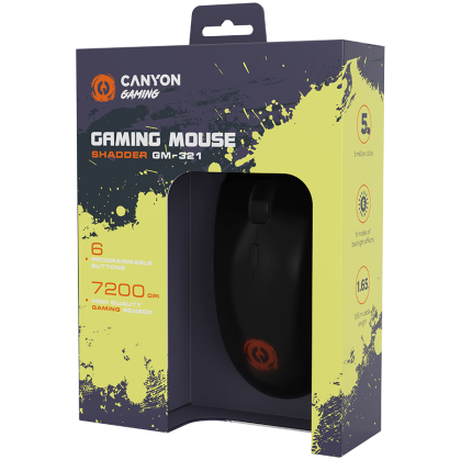 CANYON Shadder GM-321, Mouse optic de gaming, Instant 725F, material ABS, comutator de ciclu huanuo 5 milioane, cablu împletit 1.65M cu inel magnet, greutate: 100g, Dimensiune: 126*63.4*39.7mm, Negru