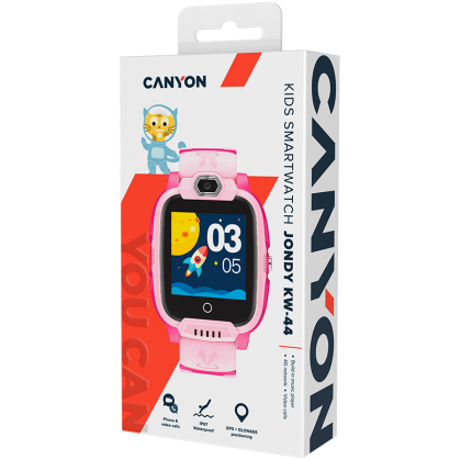 CANYON Jondy KW-44, Ceas inteligent pentru copii, ecran color IPS 1.44'' 240*240, ASR3603S, cartelă Nano SIM, 192+128MB, GSM(B3/B8), LTE(B1.2.3.5.7.8.20) baterie de 700mAh, construită în card TF: 512MB, GPS, compatibilitate cu iOS și Android, roz, gazdă: 