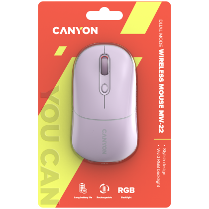 CANYON MW-22, mouse optic wireless 2 în 1 cu 4 butoane, DPI 800/1200/1600, 2 moduri (BT/ 2,4 GHz), baterie Li-poly de 650 mAh, iluminare de fundal RGB, trandafir perlat, lungime cablu 0,8 m, 110* 62*34,2 mm, 0,085 kg