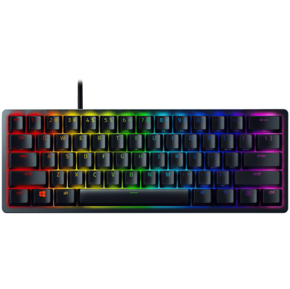 Razer Huntsman Mini - Clicky Optical (Comutator violet) - SUA - Negru, Tastatură pentru jocuri, Comutatoare optice Razer™, dimensiune 60%, RGB Chroma, Tastaturi PBT Doubleshot Cu funcții secundare imprimate lateral, Aspect standard pentru rândul de jos, T