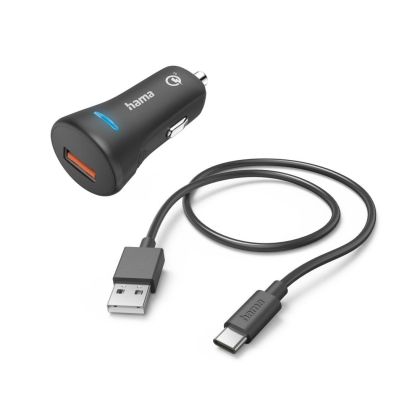 Încărcător auto HAMA 12-24 V /USB-C 3A, Qualcomm Quick Charge 3.0, cablu 19,5W+ USB-C, 1 m, negru