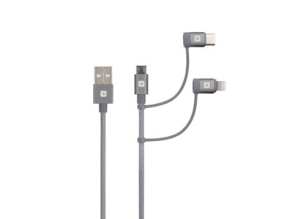 Cablu Skross 3 în 1, USB-A - USB-C/ Lightning/ Micro USB, împletitură metalică, 0,3 m