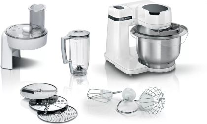 Kitchen robot Bosch MUMS2EW20, Kitchen machine, MUM Serie 2, 700 W, Large 3.8L stainless steel bowl, 3D PlanetaryMixing, 4 speeds, Pastry set, 3 discs, TR blender 1.25 l, White