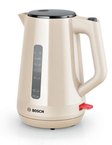 Fierbător electric Bosch TWK1M127, Fierbător din plastic MyMoment, 2400 W, 1,7 l, Indicator ceașcă, Filtru de calcar, Funcție triplă de siguranță, Cremă